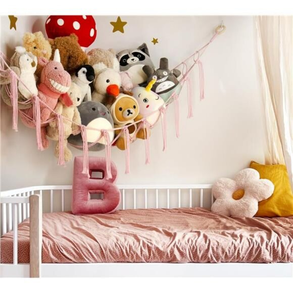 Pink Stuffed Animal Hammock Large Corner Net Toy Storage for Girls Room - Picture 2 of 7